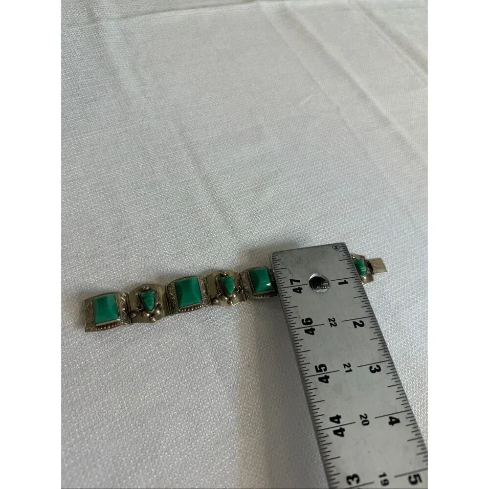 Vintage Signed Alpaca Mexico 925 Sterling Silver Carved Green Onyx Panel Bracele